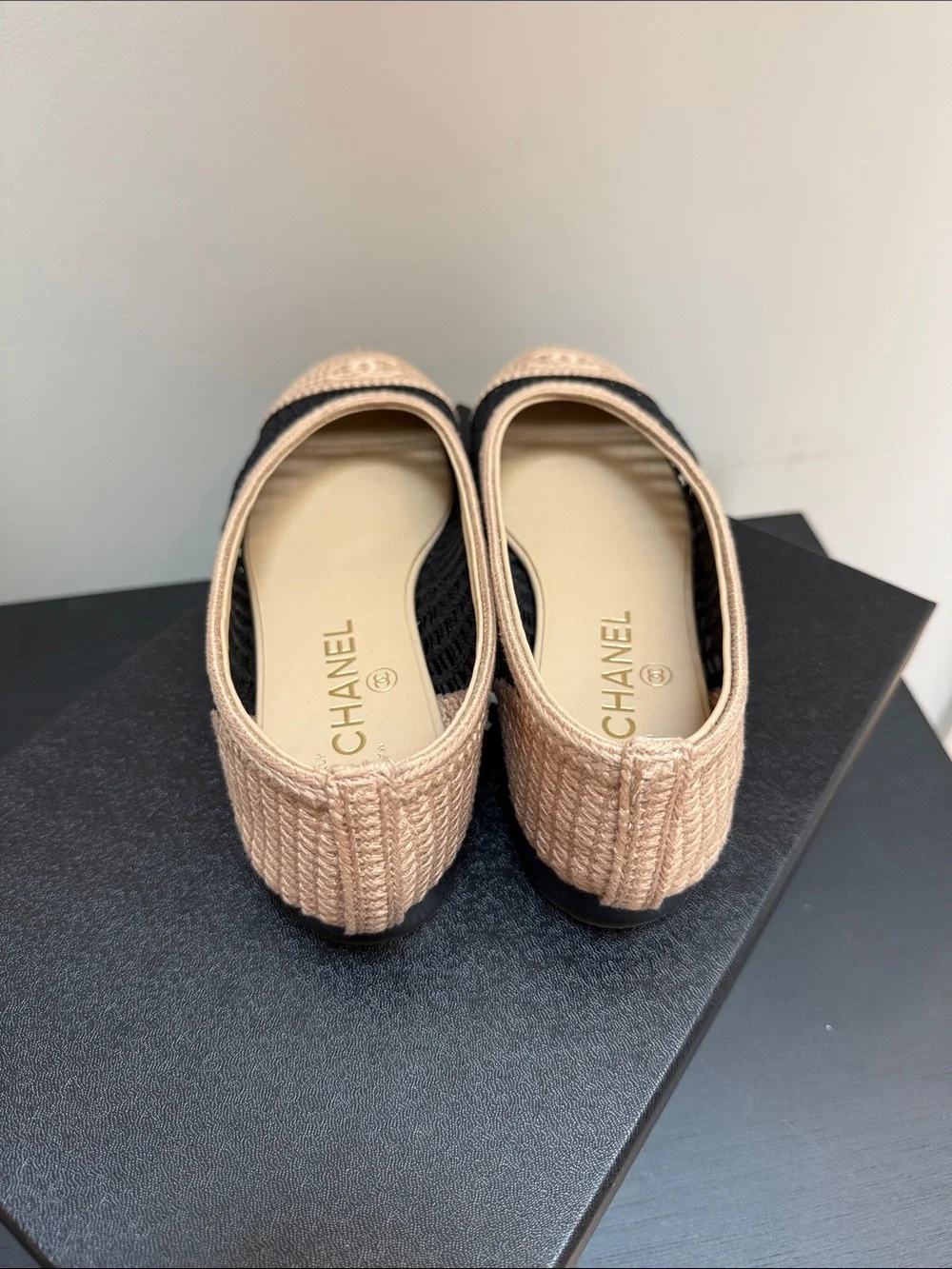 CHANEL Beige and Black Woven Ballet Flats